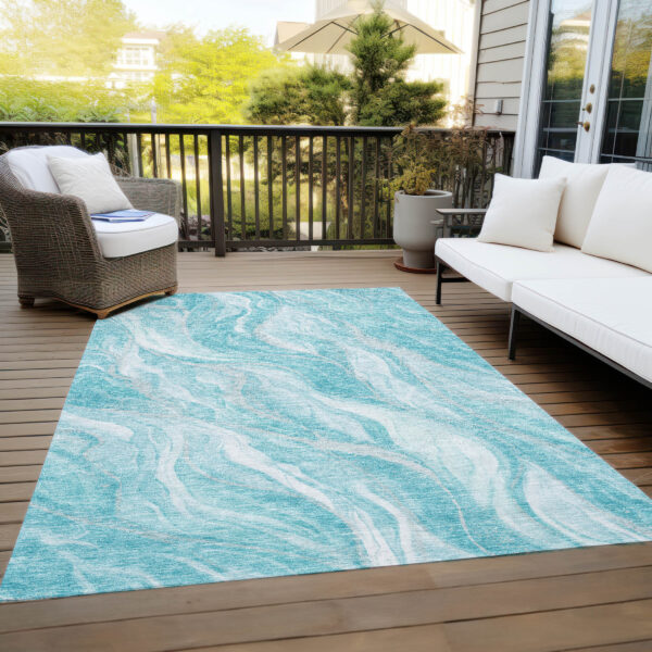 3' X 5' Teal Blue Aqua And Ivory Abstract Washable Indoor Outdoor Area Rug