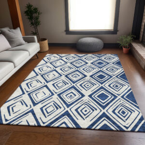 10' X 14' Navy Blue And Ivory Geometric Washable Indoor Outdoor Area Rug