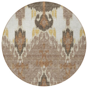 8' Brown Taupe And Beige Round Ikat Washable Indoor Outdoor Area Rug