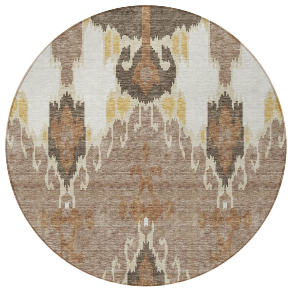 8' Brown Taupe And Beige Round Ikat Washable Indoor Outdoor Area Rug