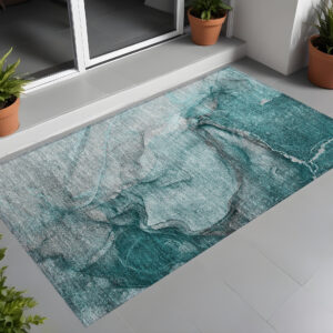2' X 3' Teal Abstract Washable Non Skid Indoor Outdoor Area Rug