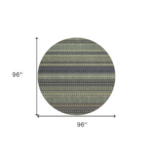 8' Round Sage Round Striped Washable Non Skid Indoor Outdoor Area Rug