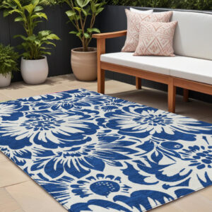 8' X 10' Navy and Ivory Floral Washable Non Skid Indoor Outdoor Area Rug