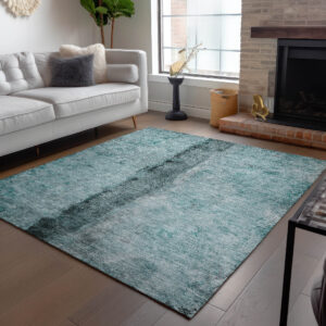 3' X 5' Teal Blue Aqua And Charcoal Abstract Washable Indoor Outdoor Area Rug