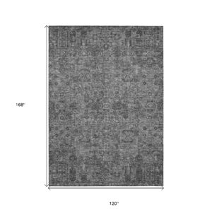 10' X 14' Charcoal And Silver Floral Washable Indoor Outdoor Area Rug