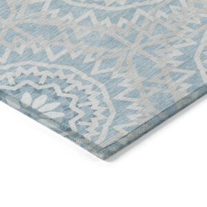 10' X 14' Denim Blue And Ivory Floral Medallion Washable Indoor Outdoor Area Rug