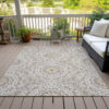 8' X 10' Taupe Khaki And Ivory Floral Medallion Washable Indoor Outdoor Area Rug