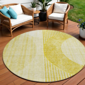 8' Wheat Gold And Ivory Round Geometric Washable Indoor Outdoor Area Rug