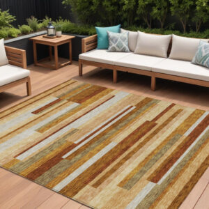 10' X 14' Orange Copper And Taupe Striped Washable Indoor Outdoor Area Rug
