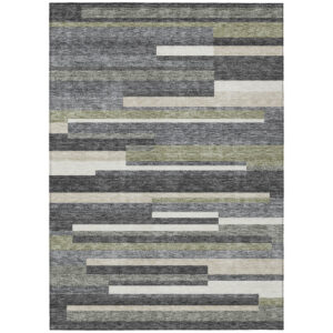 3' X 5' Charcoal Gray And Silver Striped Washable Indoor Outdoor Area Rug