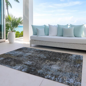 9' X 12' Graphite Charcoal And Silver Abstract Washable Indoor Outdoor Area Rug