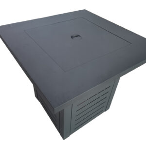 Black Slatted Metal Square Fire Pit with Glass Rocks