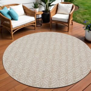 8' Gray and Ivory Round Floral Indoor Outdoor Area Rug