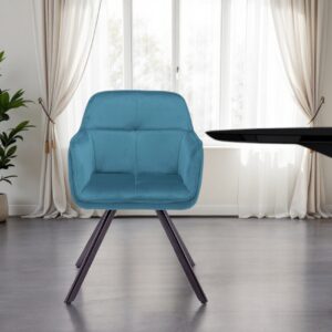 Tufted Blue And Black Velvet and Metal Dining Arm Chair
