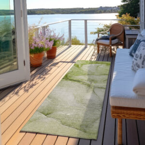 8' Runner Olive Green Abstract Washable Non Skid Indoor Outdoor Runner Rug