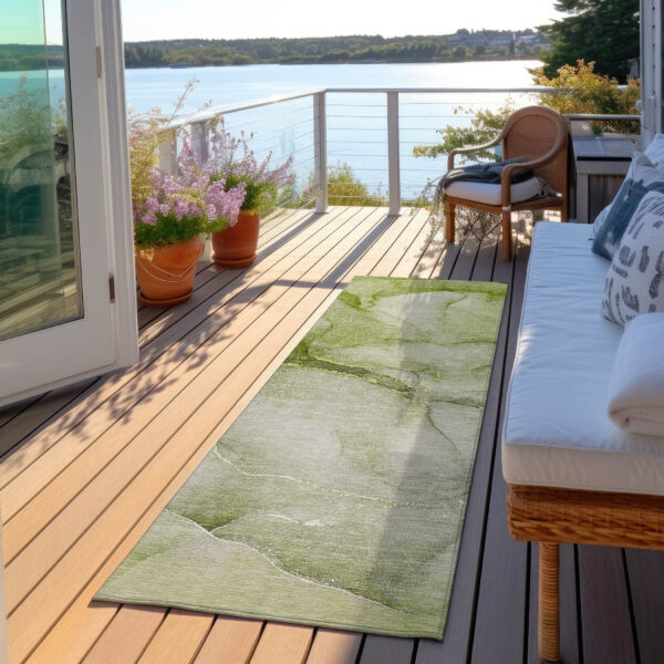 8' Runner Olive Green Abstract Washable Non Skid Indoor Outdoor Runner Rug