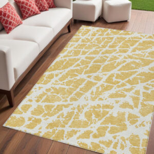 5' X 8' Gold and White Abstract Washable Non Skid Indoor Outdoor Area Rug