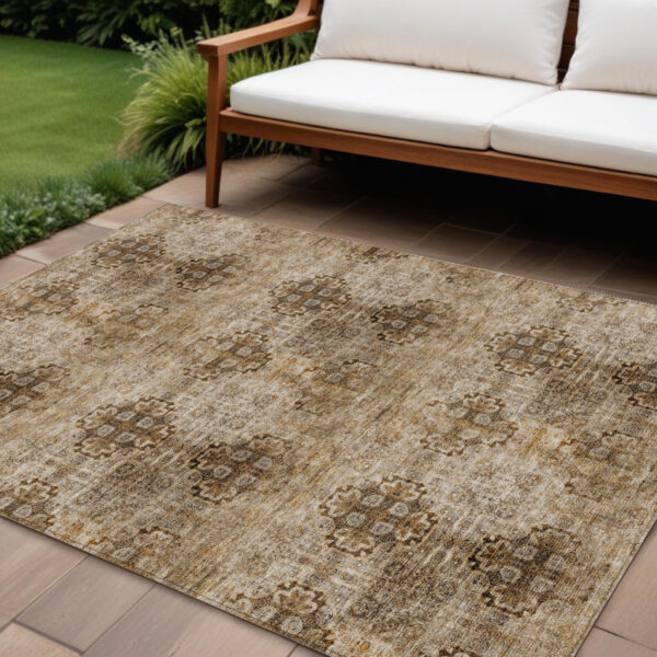 10' X 14' Taupe Floral Medallion Washable Non Skid Indoor Outdoor Area Rug