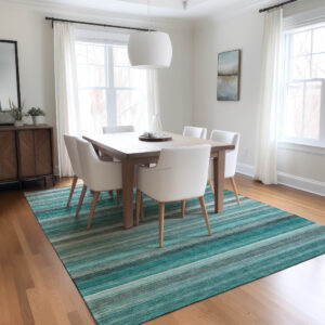 8' X 10' Teal Striped Washable Non Skid Indoor Outdoor Area Rug