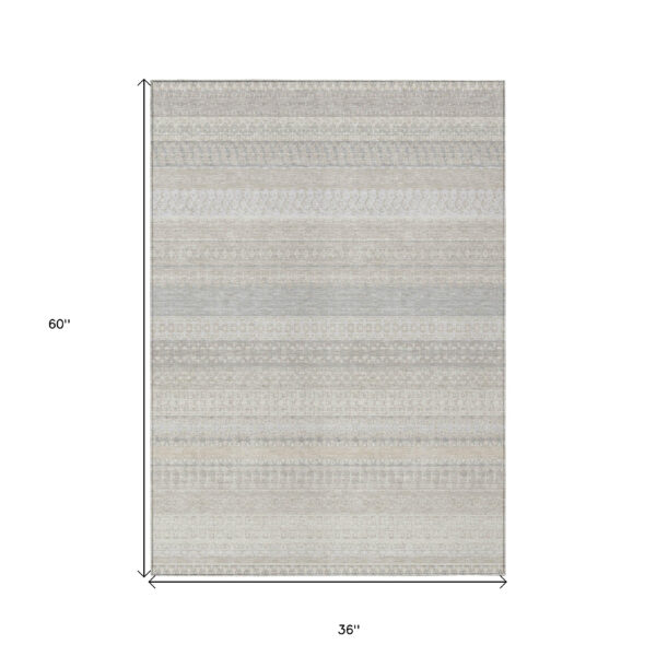 3' X 5' Ivory Striped Washable Indoor Outdoor Area Rug