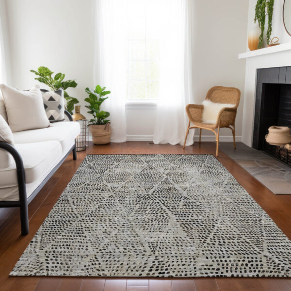 5' X 8' Gray Beige And Black Geometric Washable Indoor Outdoor Area Rug