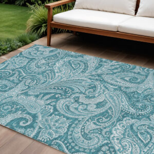 10' X 14' Turquoise And Ivory Paisley Washable Indoor Outdoor Area Rug