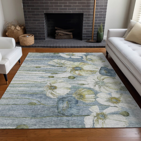 3' X 5' Denim Blue And Sky Blue Floral Washable Indoor Outdoor Area Rug