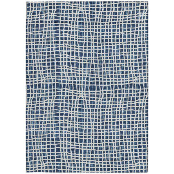 5' X 8' Navy Blue And Ivory Striped Washable Indoor Outdoor Area Rug
