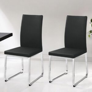 Set of Two Black And Silver Upholstered Faux Leather Dining Side Chairs