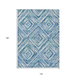 10' X 14' Blue Denim Blue And Green Geometric Washable Indoor Outdoor Area Rug