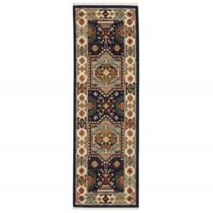 12' Blue Ivory Machine Woven Medallion Indoor Runner Rug