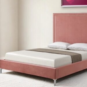 Blush Solid Wood Queen Upholstered Velvet Bed with Nailhead Trim