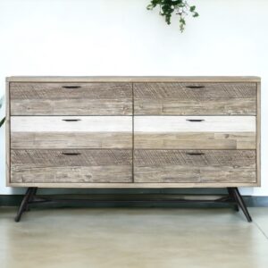 63" Natural and Ivory Multi Tonal Rustic Solid Wood Six Drawer Double Dresser