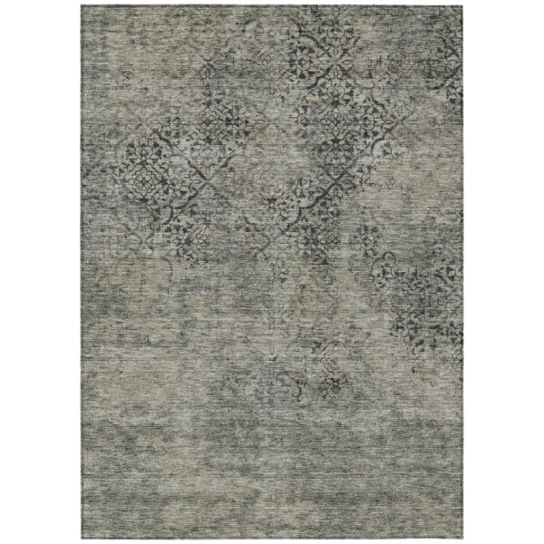 8' X 10' Taupe Khaki And Charcoal Floral Washable Indoor Outdoor Area Rug