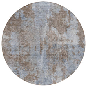 8' Round Mocha and Blue Round Abstract Washable Non Skid Indoor Outdoor Area Rug