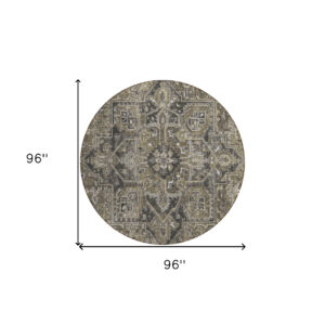 8' Round Taupe and Dark Taupe Round Oriental Washable Non Skid Indoor Outdoor Area Rug