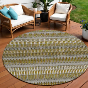 8' Coffee And Taupe Round Striped Washable Indoor Outdoor Area Rug