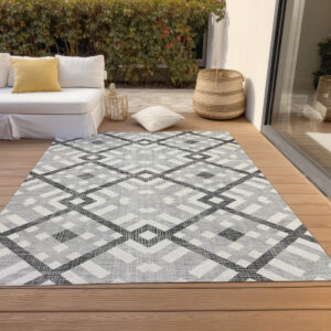 3' X 5' Gray Charcoal And Ivory Geometric Washable Indoor Outdoor Area Rug