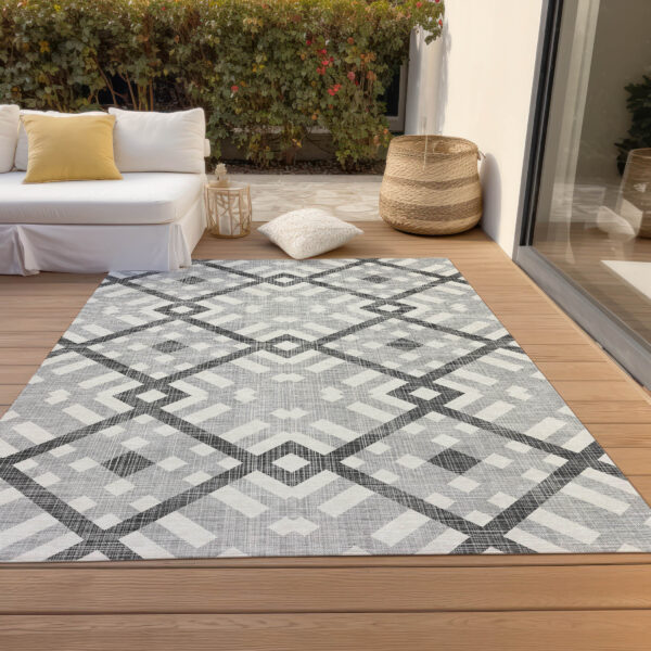 3' X 5' Gray Charcoal And Ivory Geometric Washable Indoor Outdoor Area Rug