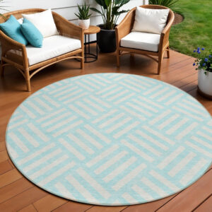 8' Aqua And Ivory Round Geometric Washable Indoor Outdoor Area Rug