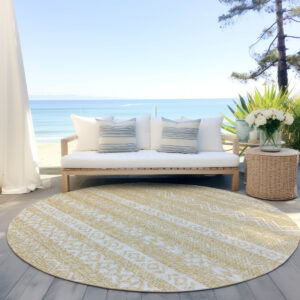 8' Gold And Beige Round Southwestern Washable Indoor Outdoor Area Rug