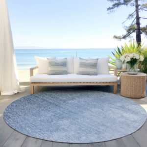 8' Navy Blue And Sky Blue Round Abstract Washable Indoor Outdoor Area Rug