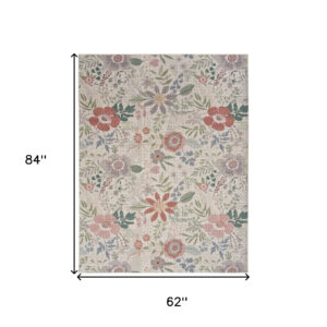 5' x 7' Ivory Green and Red Floral Power Loom Washable Non Skid Area Rug