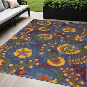 5' X 7' Blue Yellow and Green Indoor Outdoor Area Rug