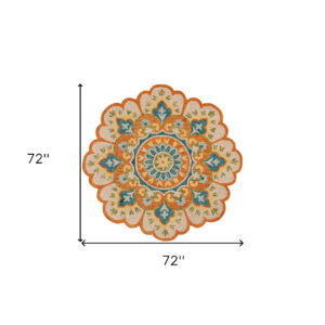 6' Orange and Blue Round Wool Floral Hand Tufted Area Rug
