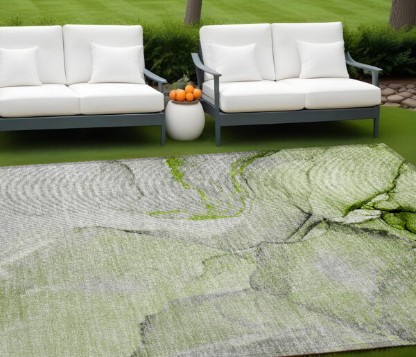 9' X 12' Green Abstract Washable Non Skid Indoor Outdoor Area Rug