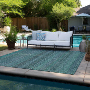 10' X 14' Turquoise Striped Washable Non Skid Indoor Outdoor Area Rug