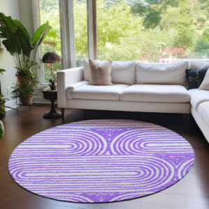 8' Round Purple and White Round Abstract Washable Non Skid Indoor Outdoor Area Rug