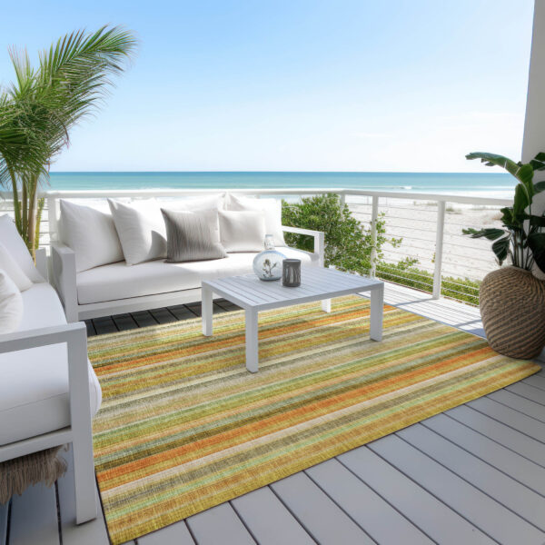 9' X 12' Tan Orange and Green Striped Washable Non Skid Indoor Outdoor Area Rug