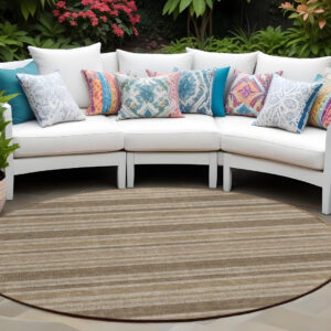 8' X 8' Taupe Round Striped Washable Indoor Outdoor Area Rug
